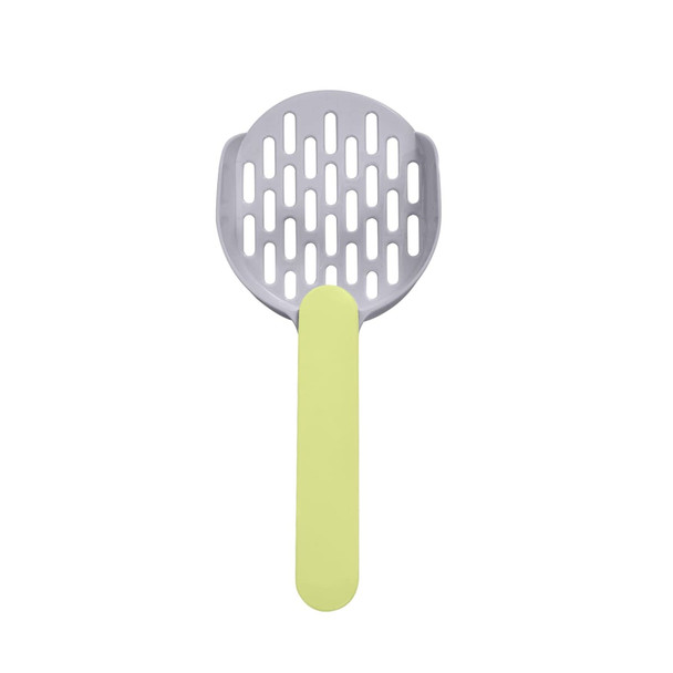 A cat litter scoop with a grey head and a yellow handle, featuring slotted holes for sifting.