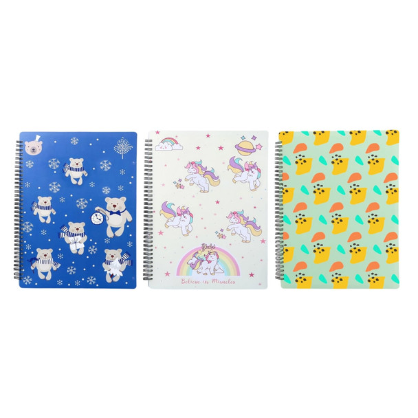 Three spiral-bound folders with varied designs: blue with bears, white with unicorns, and vibrant patterns of ice creams.