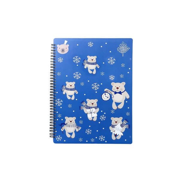 A blue loose-leaf folder features cute bears in winter outfits, surrounded by snowflakes and decorations. It has a spiral binding.