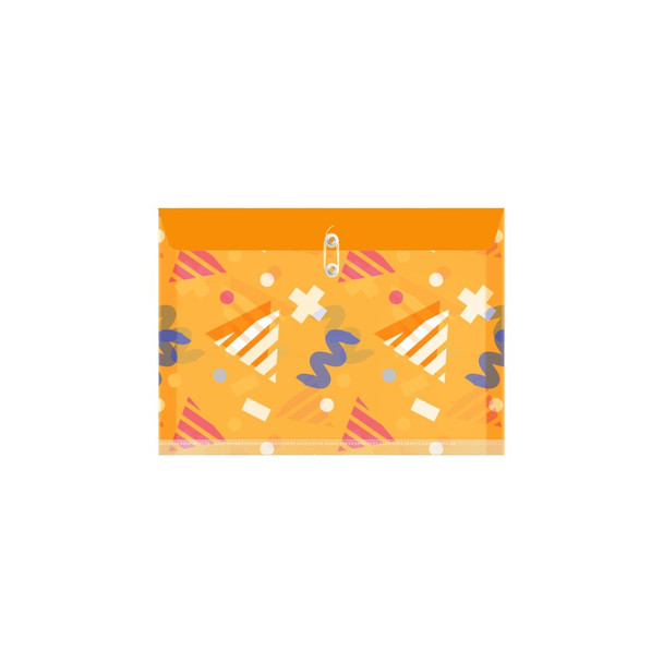 A folder featuring an orange background with colourful geometric patterns and a snap closure. It has a logo.