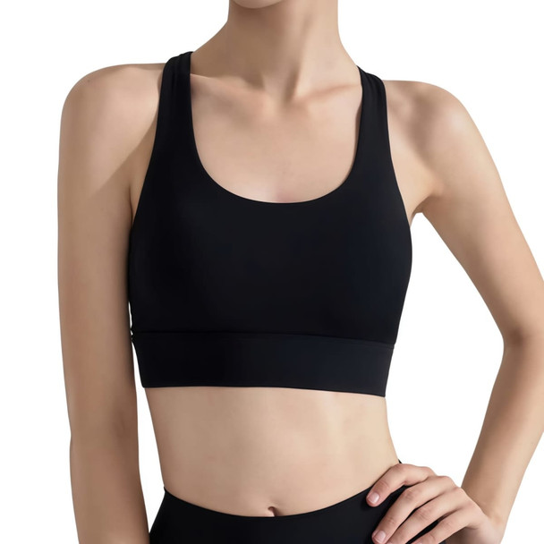 A black women's cross back yoga crop bra tank featuring a fitted design and a logo.