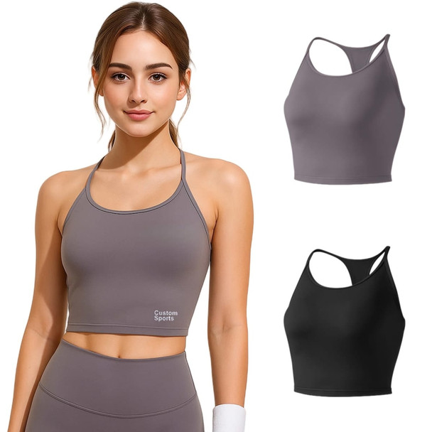 A women's seamless thin-strap racerback LYCRA yoga bra tank in grey, alongside a black version, featuring a logo.
