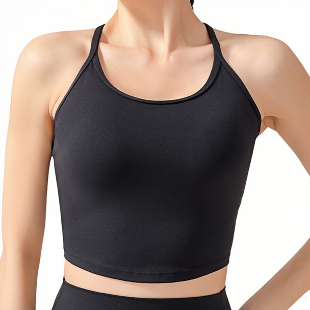 A black women's seamless thin-strap racerback yoga bra tank, featuring a fitted design and minimalistic look.