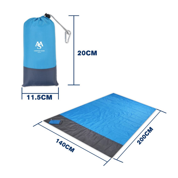 A blue picnic blanket with dimensions shown, packaged in a blue drawstring bag with a logo.