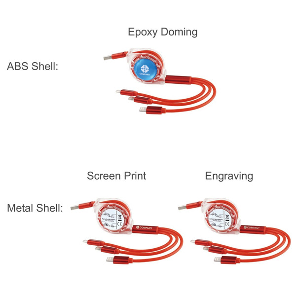 A red 3-in-1 retractable charging cable with multiple connectors, featuring an epoxy domed logo and options for screen printing and engraving.