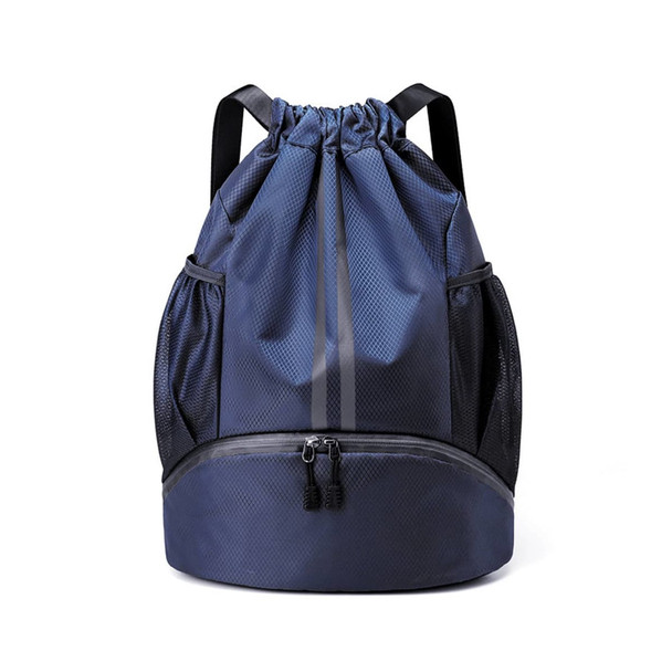 A navy drawstring backpack with a textured finish, featuring a zippered compartment and side mesh pockets.