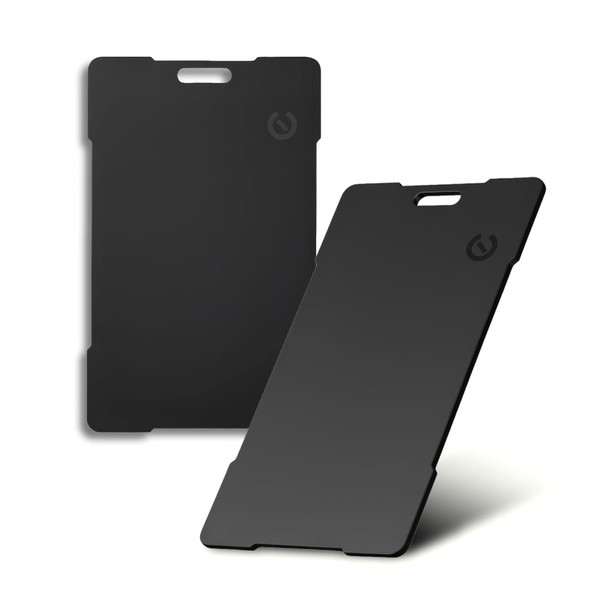A sleek, black Bluetooth tracker with a minimalist design and a logo on the side.