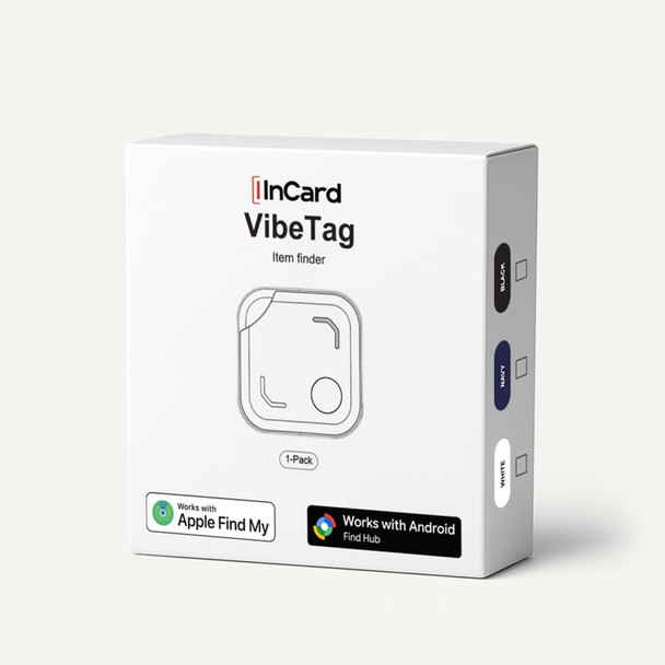 A white box containing a VibeTag Bluetooth tracker, featuring a simple design and logos for compatibility with Apple and Android devices.