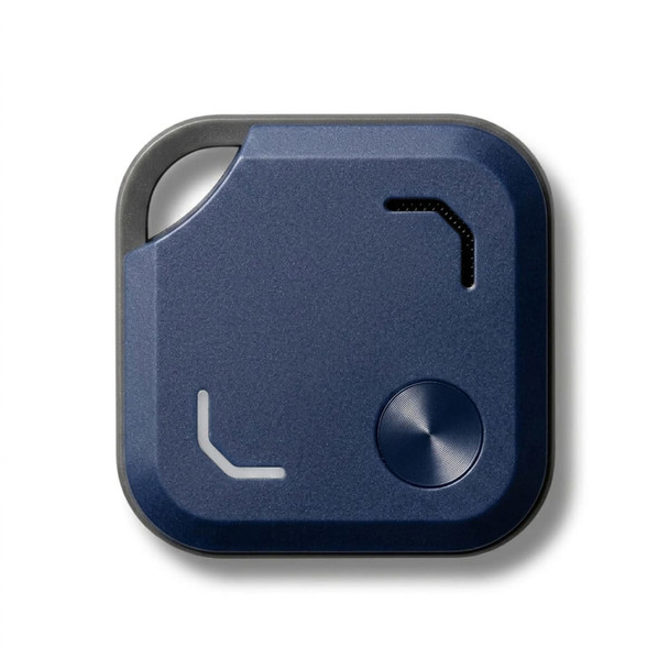 A navy blue Bluetooth tracker featuring a circular button and angled design, with a small logo on one side.