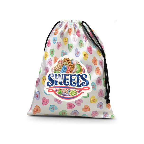 A medium satin gift bag featuring a colourful heart pattern and a sweets logo, with a drawstring closure.