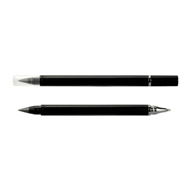 A dual-tip pen in black featuring both a fine point and a broader tip, with a transparent cap on one end.