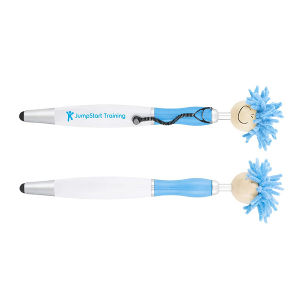 A stylus pen with a blue and white design featuring a mop top head and a smiling face, along with a branding logo.