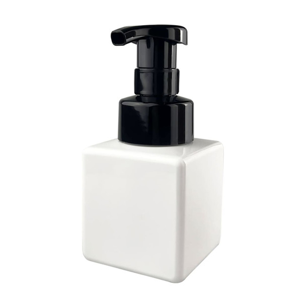 A square white foaming soap dispenser with a black pump top. Features a logo on the front.