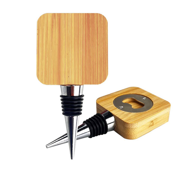 A bamboo wine stopper opener with a square top and metallic accents, featuring a bottle opener and a rubber stopper.