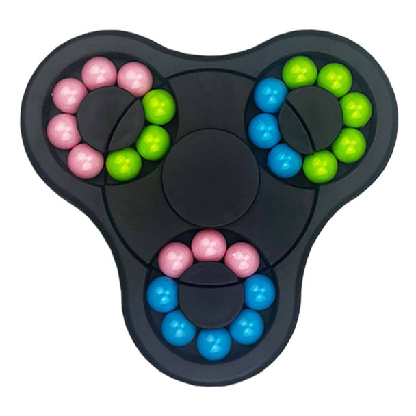 A fidget spinner with three sections, featuring pink, blue, and green balls on a black base. It has a logo.