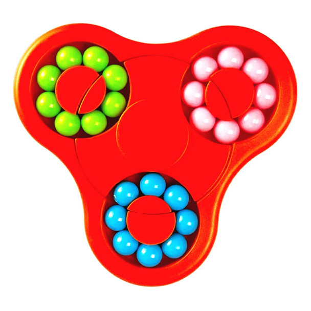 A red Dodi Fidget Spinner with green, blue, pink, and white balls arranged in three sections.