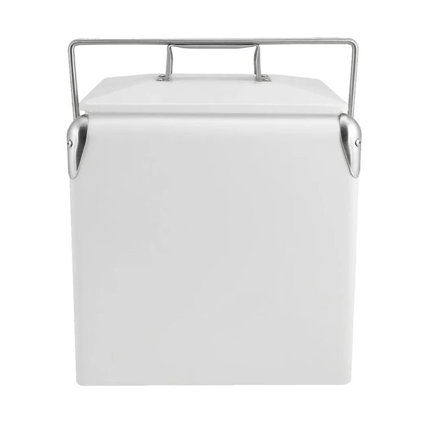 A white metal cooler box with a stainless steel handle. The design is sleek and retro-inspired.