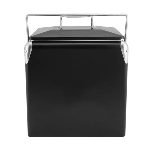 A black retro metal ice cooler box with a silver handle and lid, featuring a simple, sleek design.
