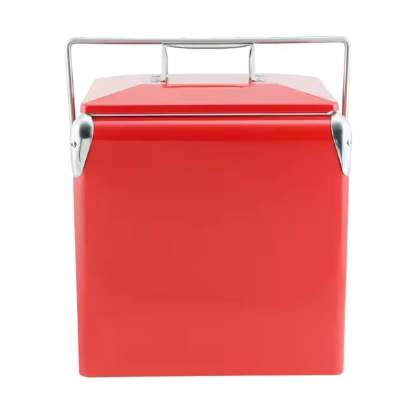 A retro red metal ice cooler box with a silver handle, designed for storing food and drinks.