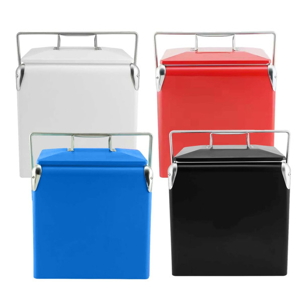 A retro metal ice cooler box in white, red, blue, and black, featuring a metal handle and a sleek design.