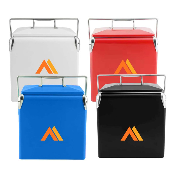 A collection of four retro metal ice cooler boxes in white, red, blue, and black, each with a logo.