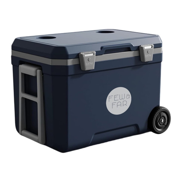 A navy blue rolling cooler box with a handle and wheels, featuring a logo and two cup holders on the lid.