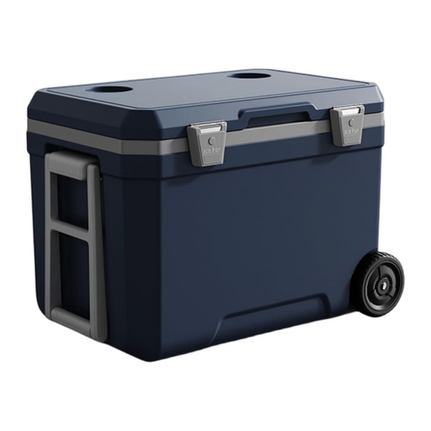 A navy blue rolling cooler box with a handle and wheels, featuring two cup holders on the lid.