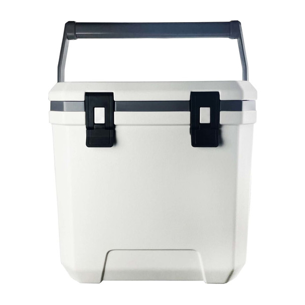 A white cooler box with a grey strap and black latches, featuring a sturdy handle. It has a branding logo.