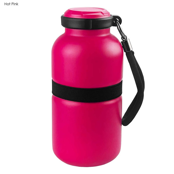A drink bottle in hot pink with a black strap and a handle, featuring a sleek design and a logo.