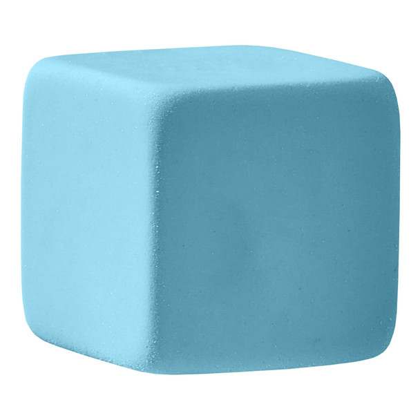 A blue cube-shaped rubber eraser with a smooth finish and rounded edges. It features a logo on one side.