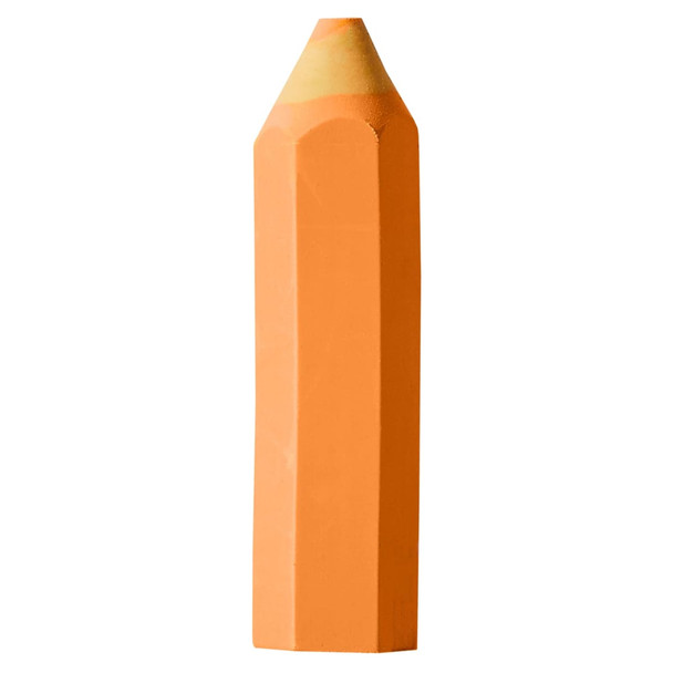 An orange pencil-shaped rubber eraser with a pointed top and a flat base, featuring an additional light yellow section.