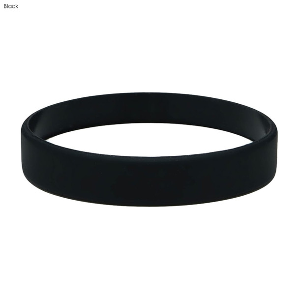 A black silicone wristband with a smooth, embossed surface. It features a logo.