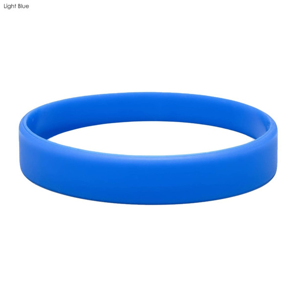 A light blue silicone wristband with a smooth finish and an embossed design, featuring a logo.