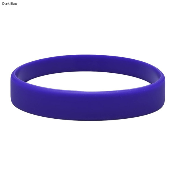 A dark blue silicone wristband with a smooth surface and an embossed design, featuring a logo.