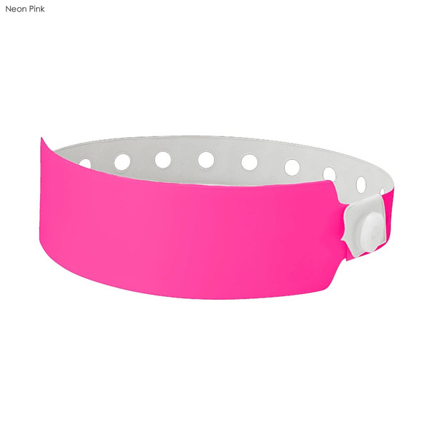 A neon pink plastic wristband with holes and a snap closure, designed for events and exhibitions.