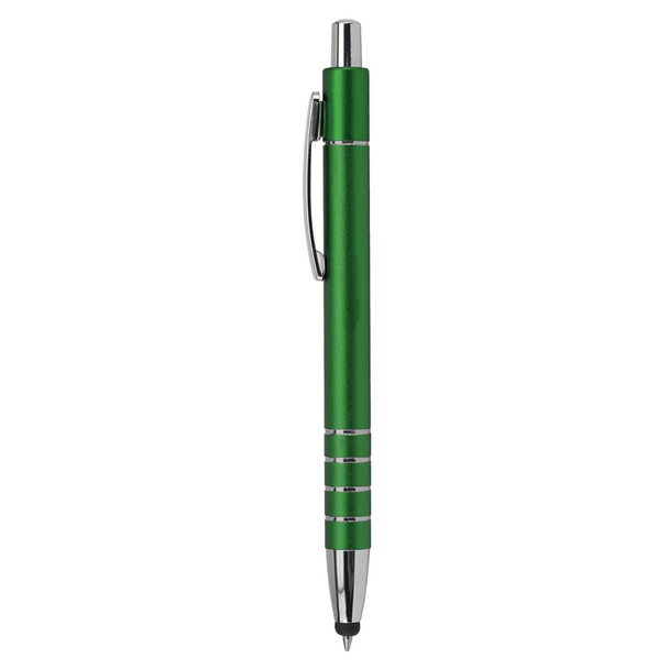 A green metal stylus pen with a shiny chrome clip and accents. Features a sleek design and a logo.