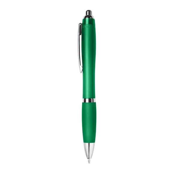 A plastic pen in vibrant green with a silver clip and accents. The pen features a smooth grip.