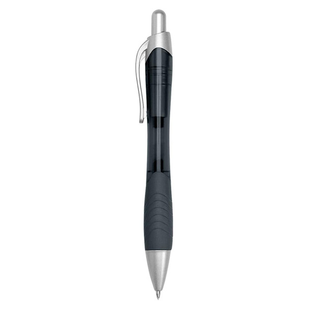 A plastic pen in black with a silver clip and tip, featuring a textured grip. It has a logo on the barrel.