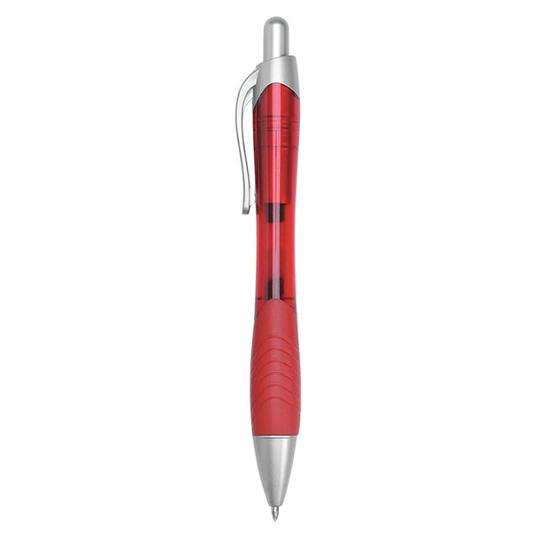 A red plastic pen with a silver clip and tip, featuring a textured grip. The pen has a logo.