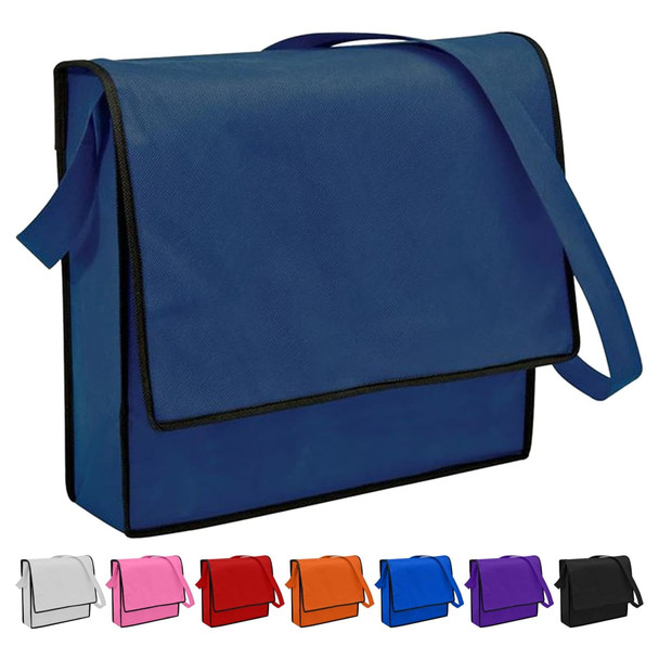 A blue non-woven flap satchel with a shoulder strap and a contrasting trim. Available in multiple colours below.