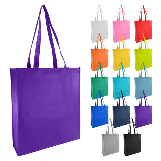 A large purple non-woven reusable grocery bag with two handles, displayed alongside bags in various colours.