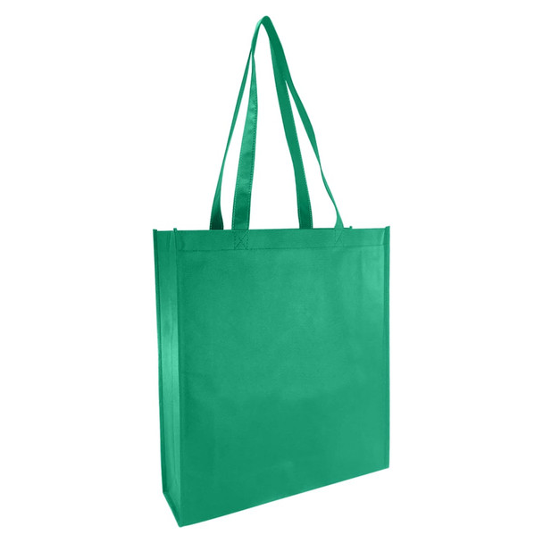 A large green non-woven grocery bag with long handles and a spacious gusset. It features a logo on the side.