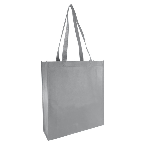 A large grey non-woven reusable grocery bag with sturdy handles and a broad gusset. Features a logo.