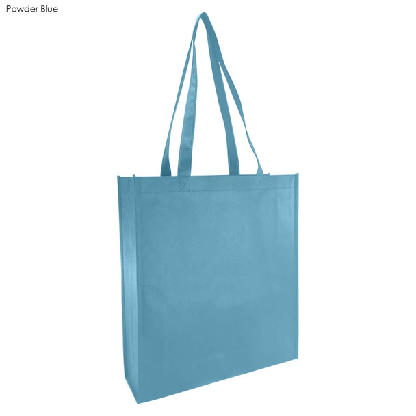 A powder blue reusable grocery bag with large gusset and long handles, featuring a logo.