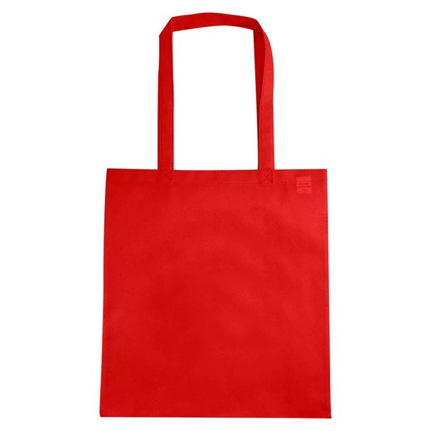 A red non-woven tote bag with a V gusset and shoulder straps, featuring a logo.