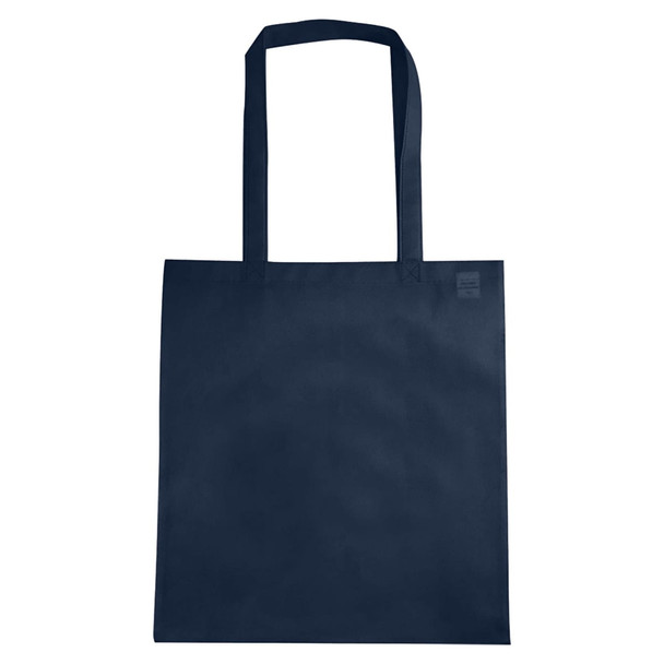 A navy non-woven tote bag with a V gusset and two sturdy handles, featuring a logo.