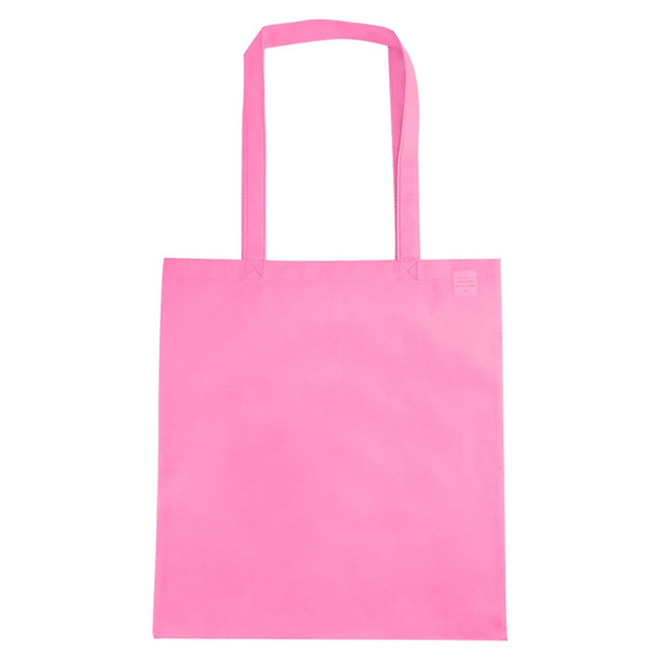 A pink non-woven tote bag with a V gusset and long handles, featuring a logo.