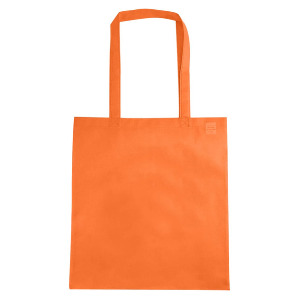 An orange non-woven tote bag with a V gusset and two long handles, featuring a small logo.