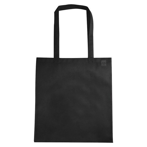 A black non-woven tote bag with a V gusset and long handles, featuring a logo on the side.
