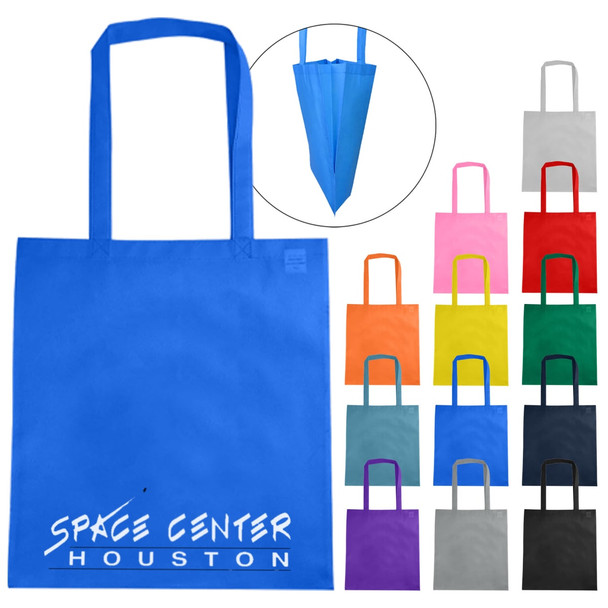 A blue non-woven tote bag with a V gusset, featuring a logo, alongside various coloured bags.